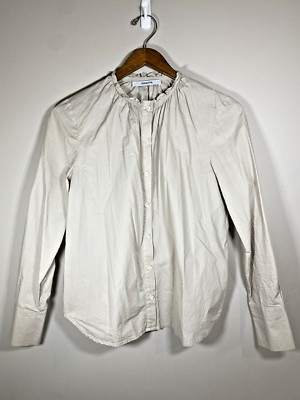 Thakoon Button Up Women Small Beige Smocked Ruffle Neck Poplin Button Down Shirt