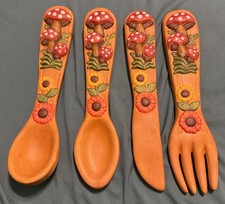 Merry Mushroom Large Ceramic Kitchen Utensils Spoon,knife  Fork Wall Decor EUC