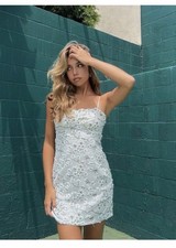 12th Tribe White Green Floral Embroidered Mesh Sweetheart Mini Dress XL