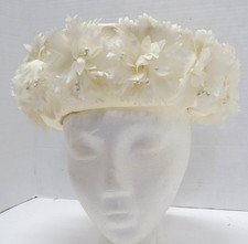 Vintage ladies hat in ivory silk, tall rim trimmed with flowers pearls