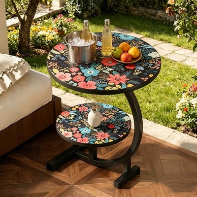 2-tier Modern Floral Pattern Side Table Multifunctional Round Courtyard Table