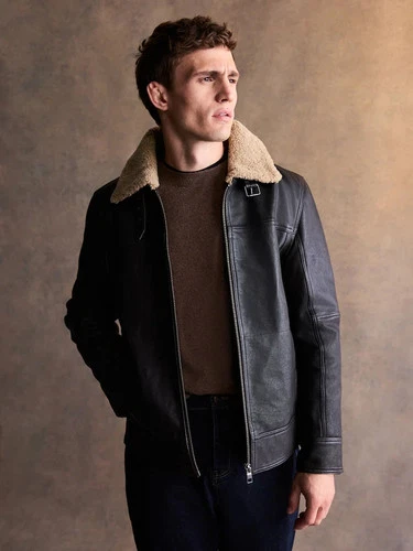 Brown Smart Shearling Collar Leather Jacket - product listing photo