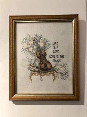 Vintage 1980er Janlynn gerahmte Kreuzstich Violine ''Life Is A Song'' Handarbeit