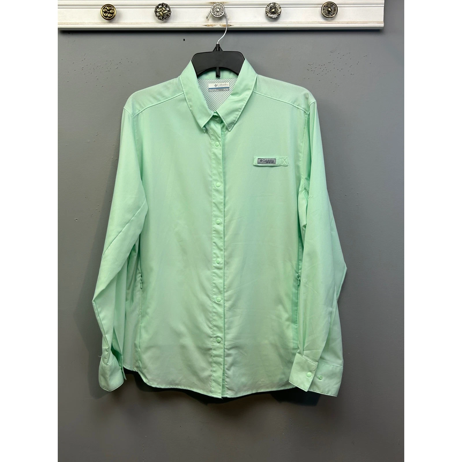 Columbia Fishing Shirt Women XL Mint Green Tamiami II PFG Long Sleeve Vented UPF