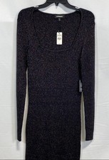 NWT Express Womens Ribbed Sparkle Sweater Dress Black Metallic Bodycon Size L