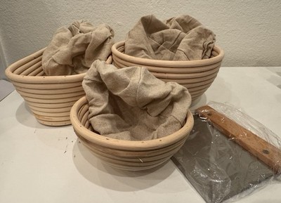 7 Pc Banneton Bread Proofing Basket Set of 3 Round & Oval Sourdough starter kit