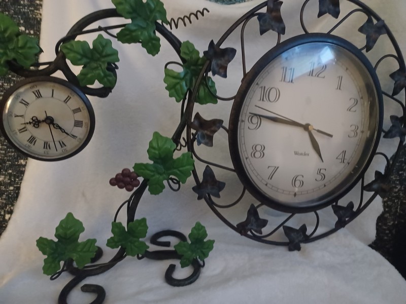 Two Vintage Decorative Metal Grape Leaf & Vine Clocks