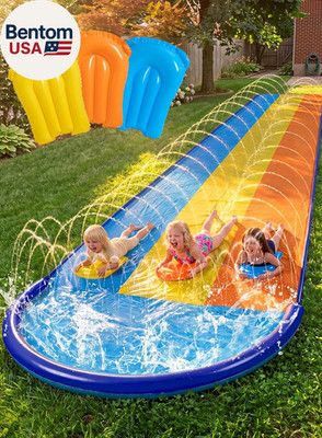 Triple Water Slide with 3 Bodyboards, 22.5FT Lawn Water Slip Splash Pad Slide Su