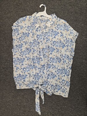 Women's C By One Short Sleeve Button Up Blouse Butterfly Print Sz 3X Blue/wht/ta