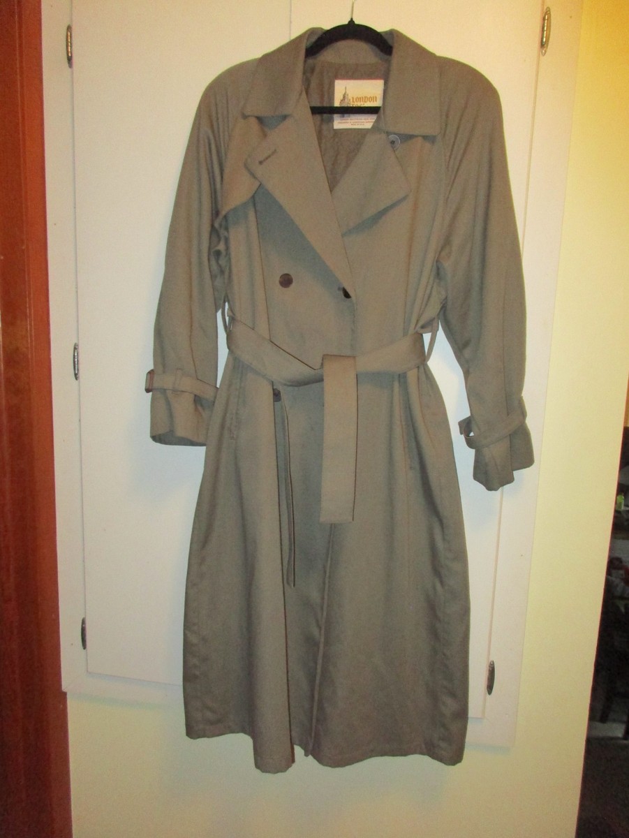 Vintage London Fog Long Trench Coat Women's 8P Petite Dull Green