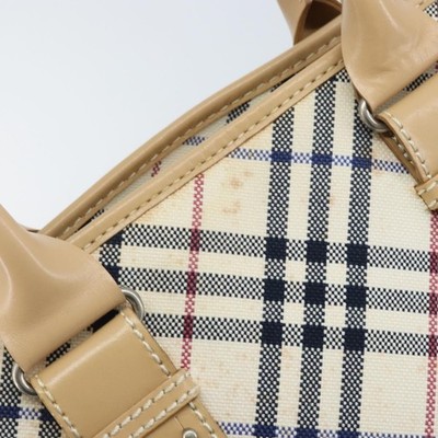 BURBERRY Nova Check Blue Label Hand Bag Canvas Ivory Silver Auth