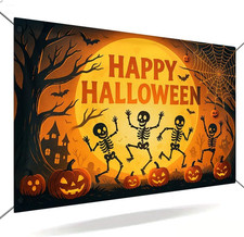 Large Happy Halloween Banner 71X43 Inch, Skeleton Pumpkin Party Backdrop with Fu