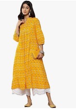 Janasya Indian Women's Cotton Yellow Botanical Print Casual Wear Kurta,100 cotto