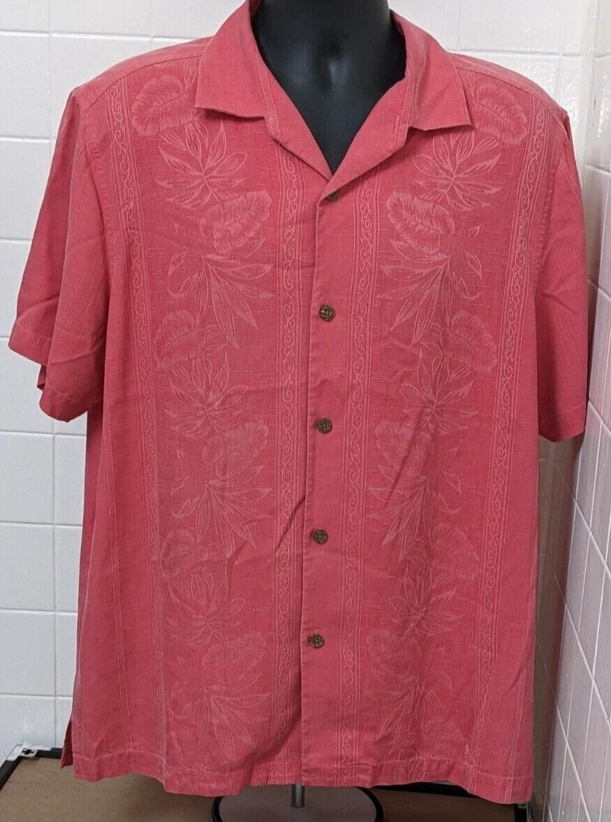 TOMMY BAHAMA 100% Silk Mens Large Hawaiian Salmon color Short Sleeve Shirt