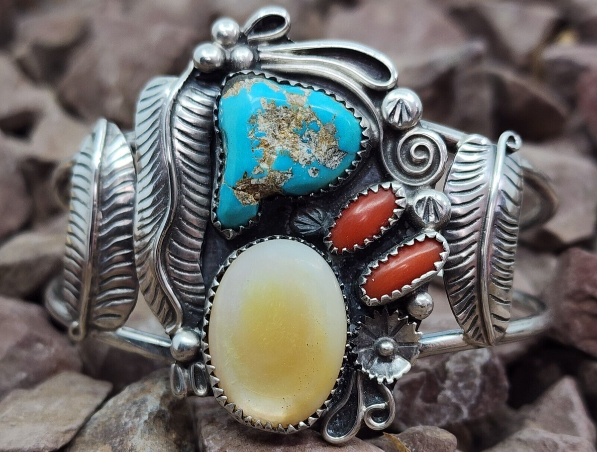 Navajo Jefferson James Sterling Silver Coral Shell Turquoise Navajo Jefferson James Sterling Silver Coral Shell Turquoise