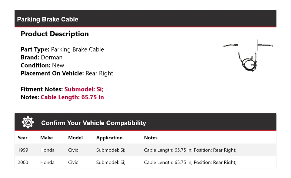 For 1999-2000 Honda Civic Si Dorman Parking Brake Cable Rear Right - Image 2 of 4
