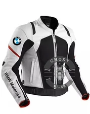 Motorrad Bike Leather Jacket Protected Approved For Men's Biker - WHITE/BLACK