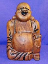 LARGE SOLID HAND CARVED WOODEN LAUGHING BUDDHA SITTING STATUE FIGURINE