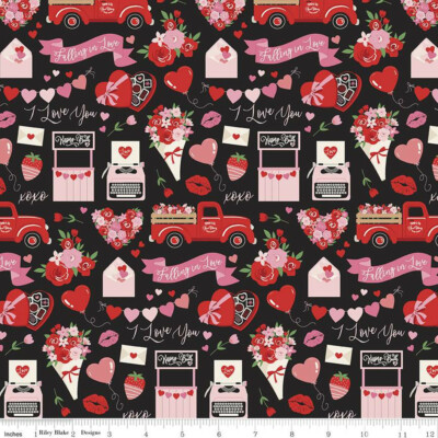$8 Per Yard FALLING IN LOVE Valentine Black Quilt Fabric  Riley Blake C11280