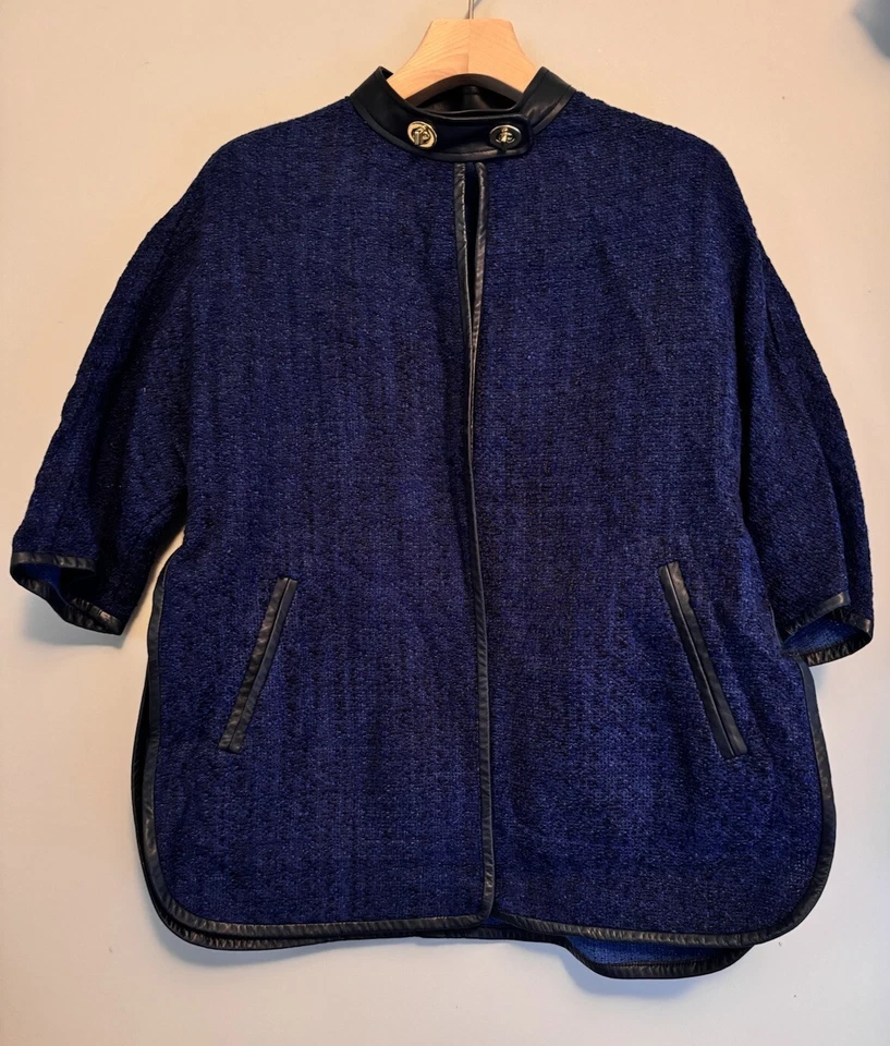 Coach Womens Blue Modern Chic Statement Leather Trim Textured Jacket Cape Sz Med