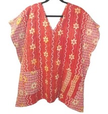 Kantha Patchwork Kimono V-neck Poncho Top Colorful Patch Pockets Woman O/S 134W