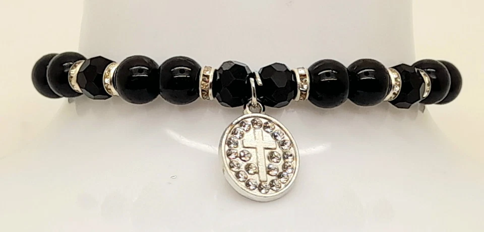 Cruz Redonda Metal Dije Negro Perla y Plata Cuentas Elástico Moda Pulseras Foto 2 de 4