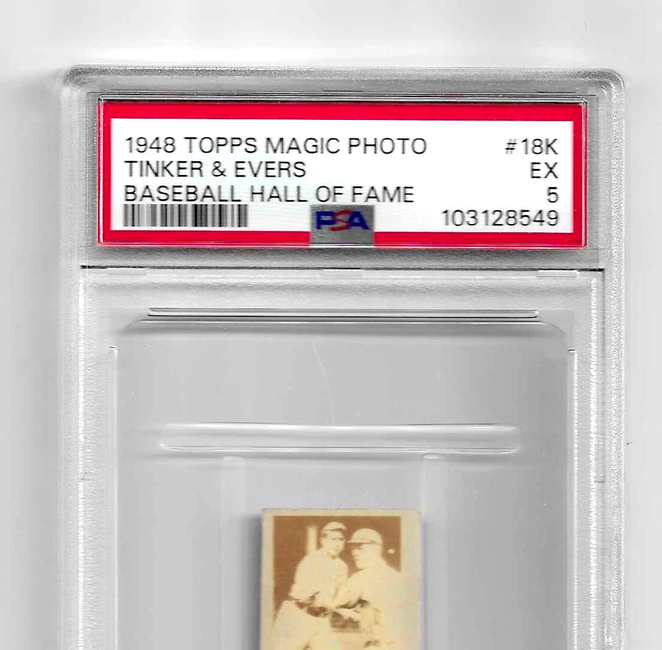 Tarjeta del Salón de la Fama del Béisbol 1948 Topps Magic Photo #18K PSA 5 NQ Tinker & Evers Foto 2 de 4