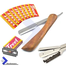 New Solid Wood Handle Barber Hair Shaving Razor Pocket Knife With 10 Blades Kit