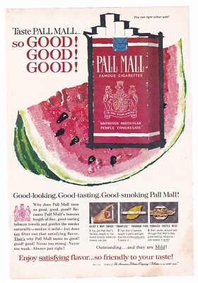 1961 Pall Mall Cigarettes WATERMELON Fruit Art Vintage RARE Ad Color 6.5'' x 9''