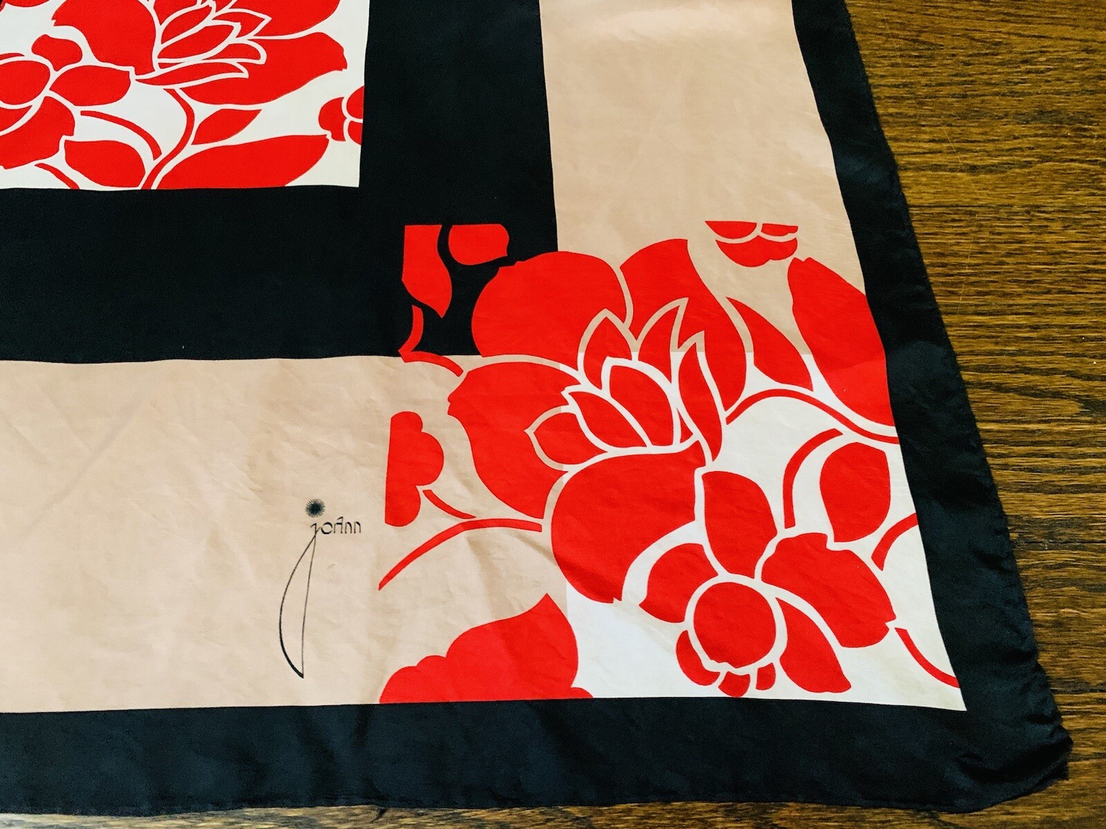 RARE Vintage JoAnn Wild Silk Scarf Red Floral Design Hand Rolled 30x30” Japan
