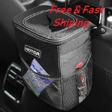 HOTOR Car Trash Can with Lid and Storage Pockets, 100% Leak-Proof Black Bin
