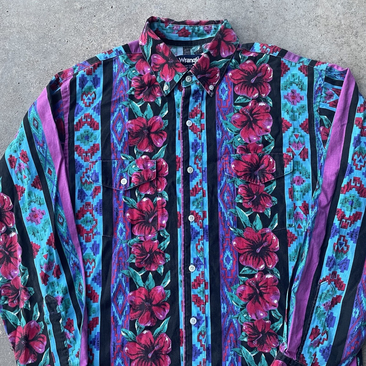 Vtg 90s Wrangler Western Brushpopper Floral Shirt 16.5 USA Cowpoke 