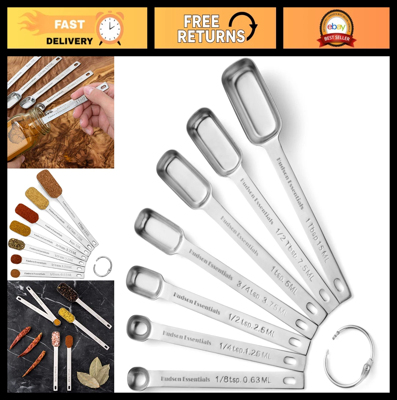 Stainless Steel Measuring Spoons Set - 7-Piece for Dry & Liquid Ingredients, Fit