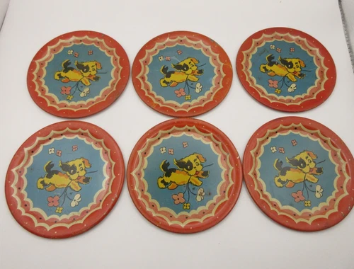 4.5" Lot of 6 Vintage 1940s Ohio Art Tin Litho Tea Plate Dog Puppy Toy Play USA