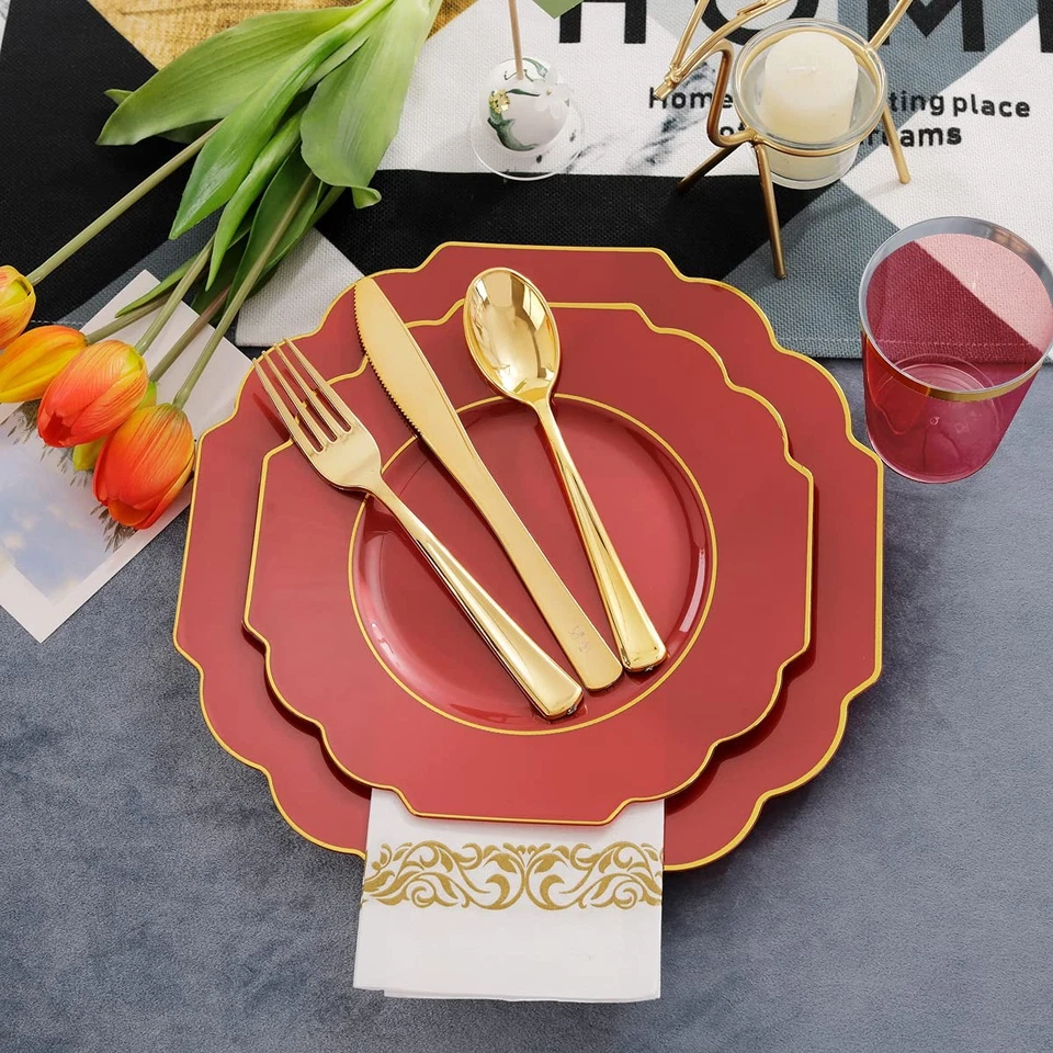Platos de plástico rojo 140 un., platos de plástico dorado servidos para 20 invitados incluyen 20... Foto 2 de 4