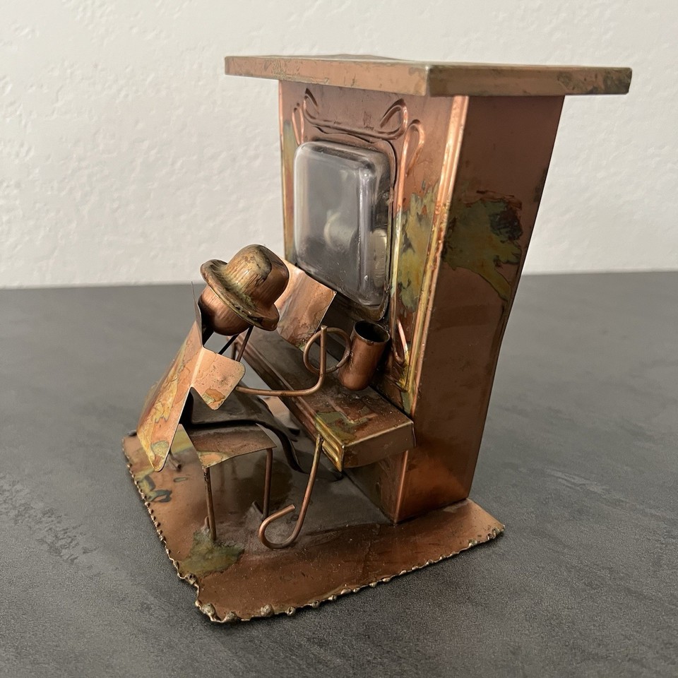 VTG Saloon Music Box Piano Man Player Metal Copper Art Sculpture Wind Up WORKS!