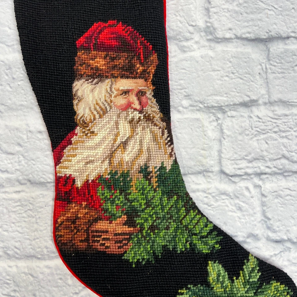 Vintage Imperial Elegance Needlepoint Wool Stocking Father Christmas Black Red - Image 2 of 4