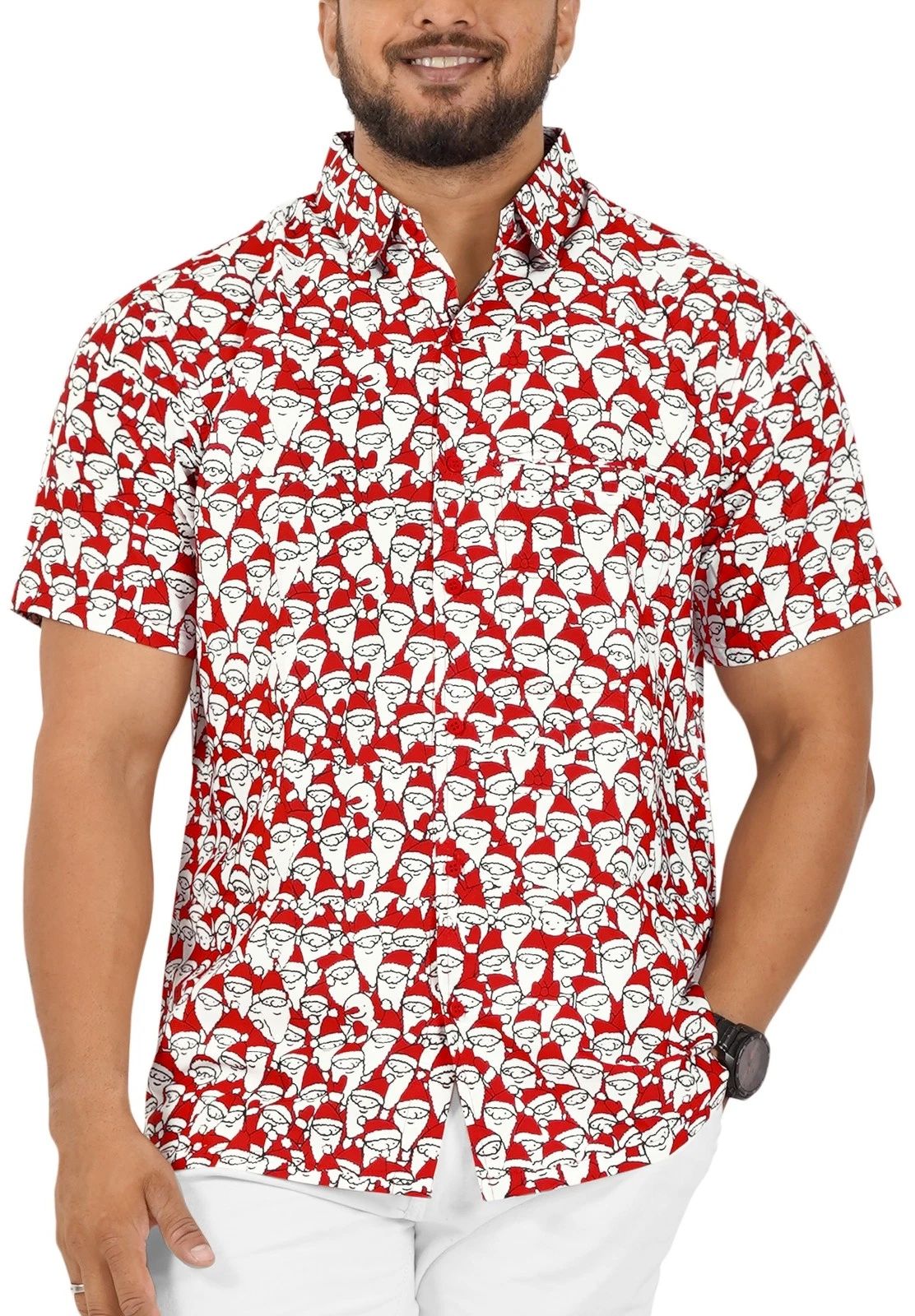 HAPPY BAY Men's Hawaiian Short Sleeve Button Down Shirts XXL Santa Face, Red