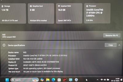 MSI GP65 Leopard 9SD Gaming Laptop i7-9750H 16GB 1.14TB Multi-GPU Win11