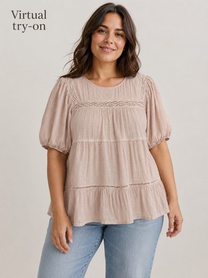 Knox Rose Women s L Pink Rayon Knit Peasant Blouse Crochet Keyhole Puff Sleeve