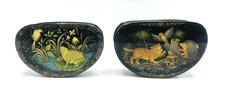 2 Russian Lacquer Boxes 22kt Gold Hand Painted Signed Palekh Fedoskino Folk Frog