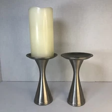 2 VTG MCM Candle Holders Brushed Silver Matte Metal 6 3/8" - Candle NOT Included