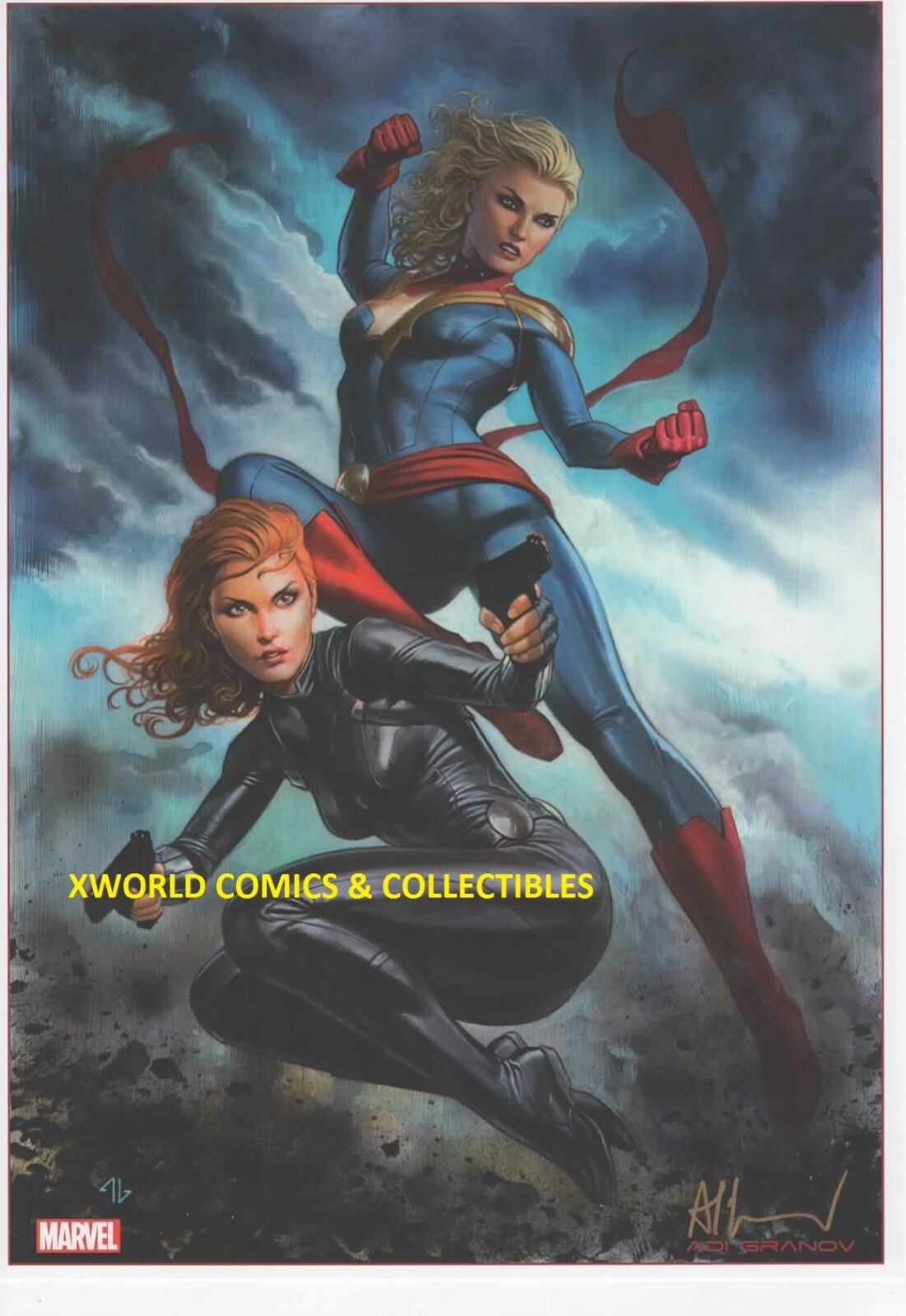 CAPTAIN MARVEL & BLACK WIDOW ART PRINT ~ SIGNED ADI GRANOV A3 11.7" x ...