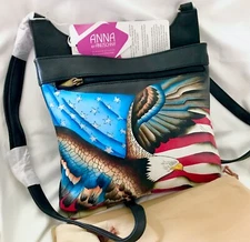 Anuschka Anna NWT🇺🇸Slim Crossbody-Stars and Stripes Black 8424-STS-BLK