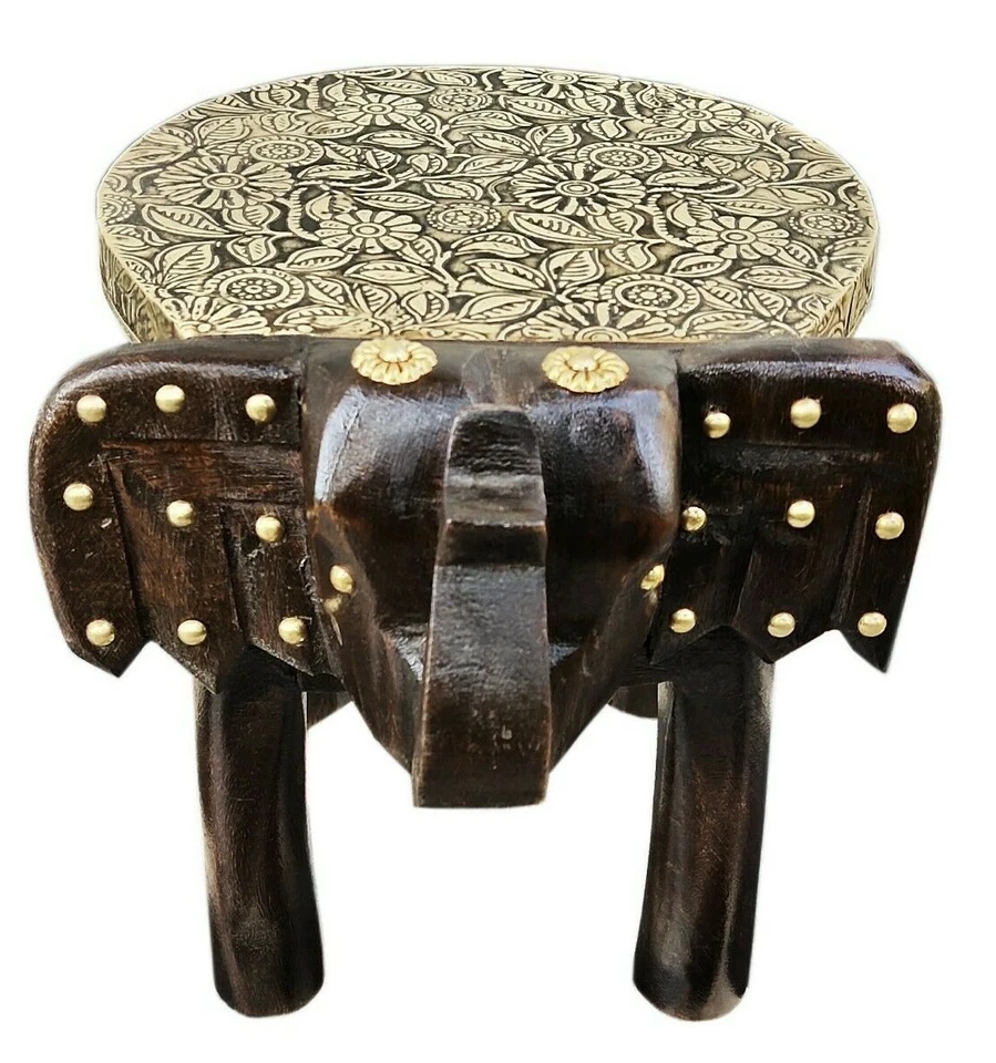 Taburete de madera hecho a mano elefante pequeño taburete bajo de latón equipado decoración del hogar arte indio Foto 3 de 4