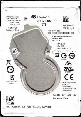 ST2000LM007, PN: 1R8174-286, SN: WDZ3V3E3, WU,FW: SDM2, Seagate 2Tb 2.5 HDD EUR 149,00 - FR