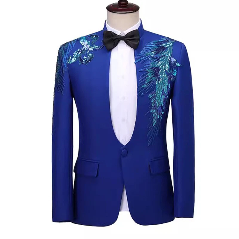 Men Slim Sequin Blazer Suit Jacket Coat One Button Performance Stage Party Coat