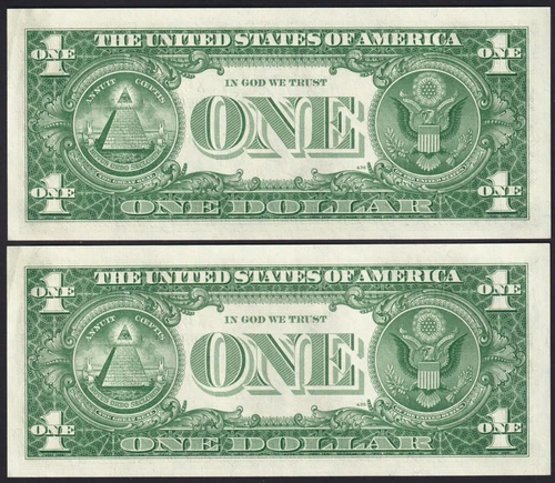 USPC TWO (X2) FR 1621 $1 1957B SILVER CERTIFICATES, UNC (GEM) WITH SEQ SERIAL#'s - Picture 2 of 7