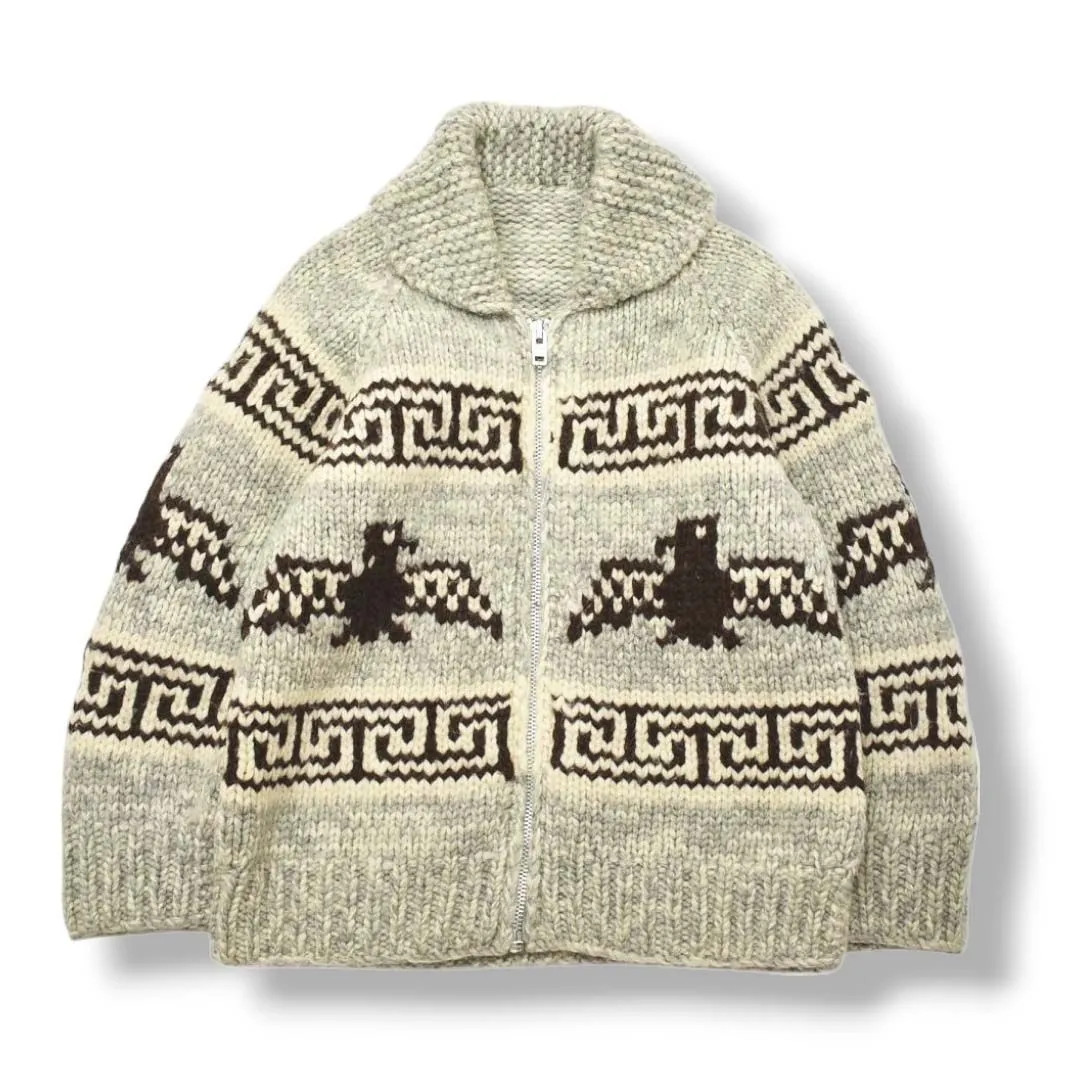 Vintage Zip-Up , Cowichan Knit Sweater with Eagle Pattern in Gray and Brown image 9