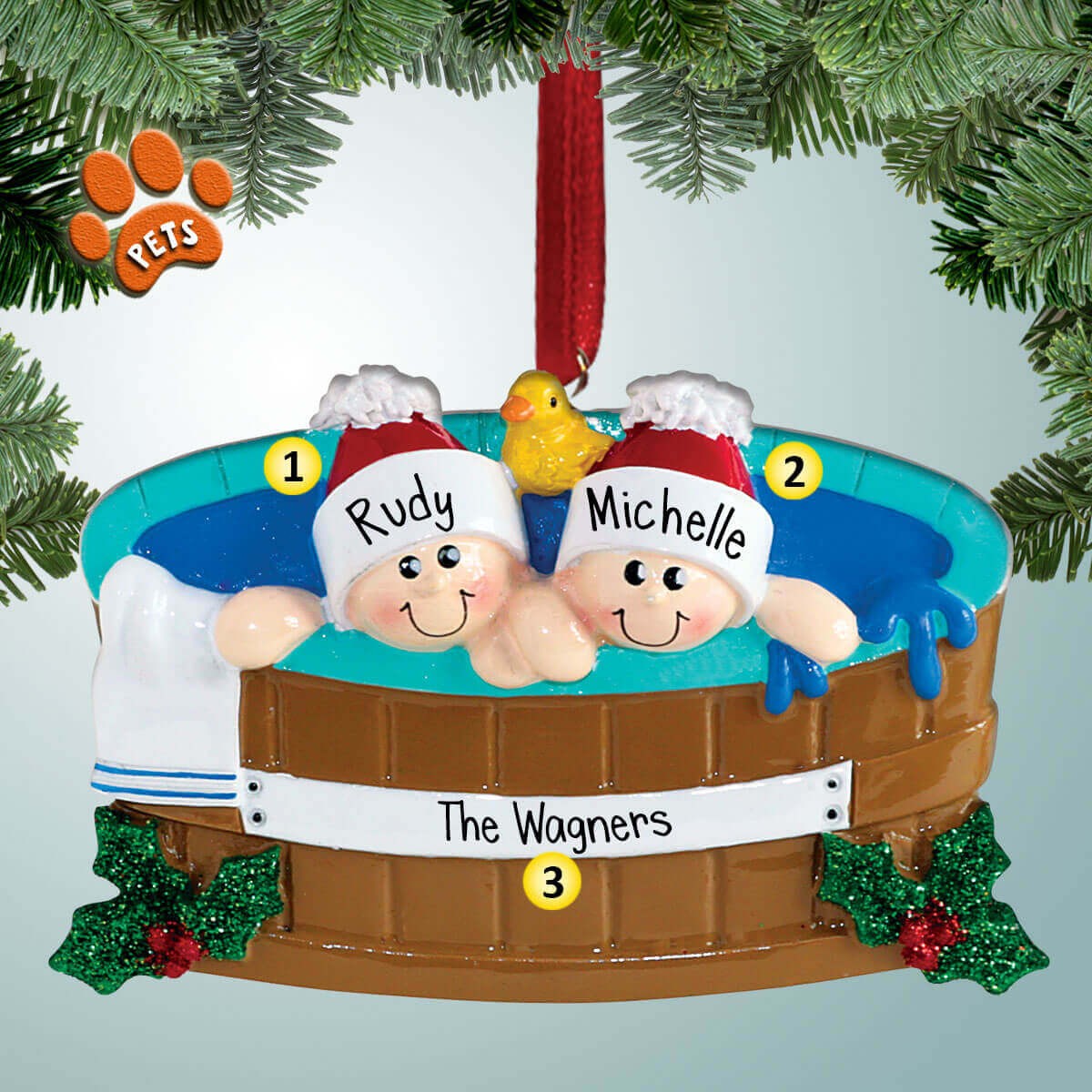 Hot Tub with Holly Couple - 2 - Personalized Ornaments